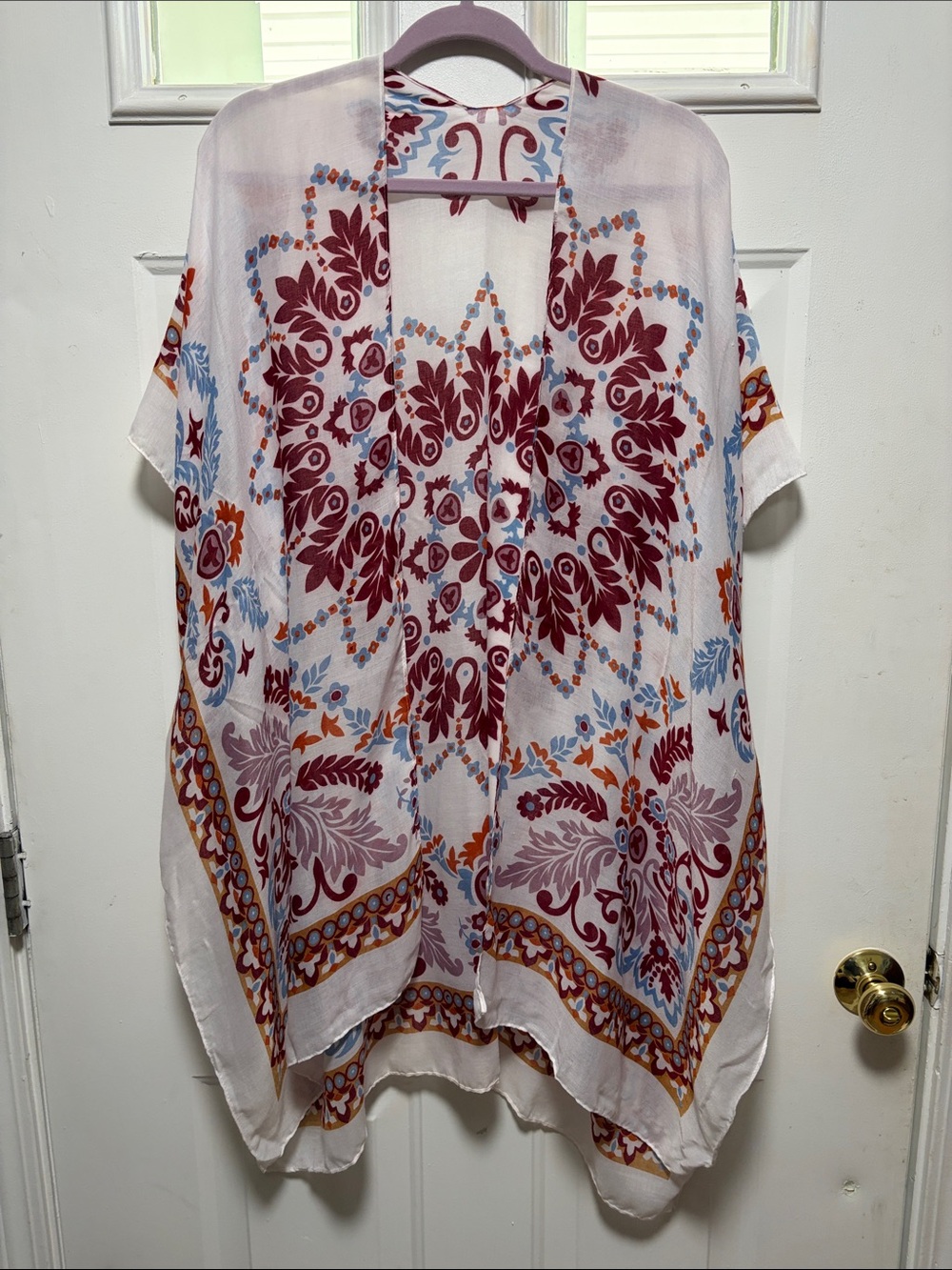 Lightweight White Kimono Cover-Up with Burgundy Floral Print